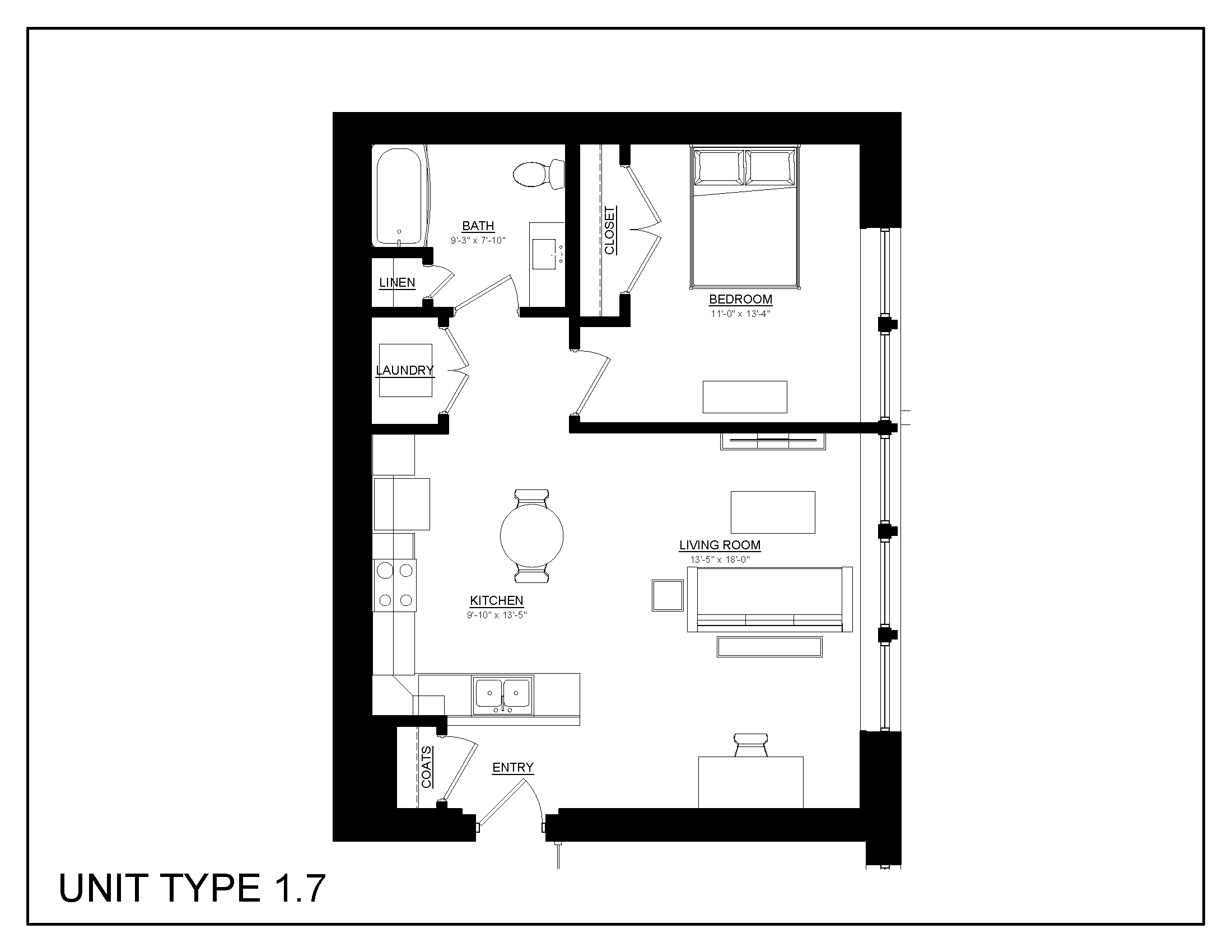 Floor plan for 1 bed, 1 bath, 757 sqft
